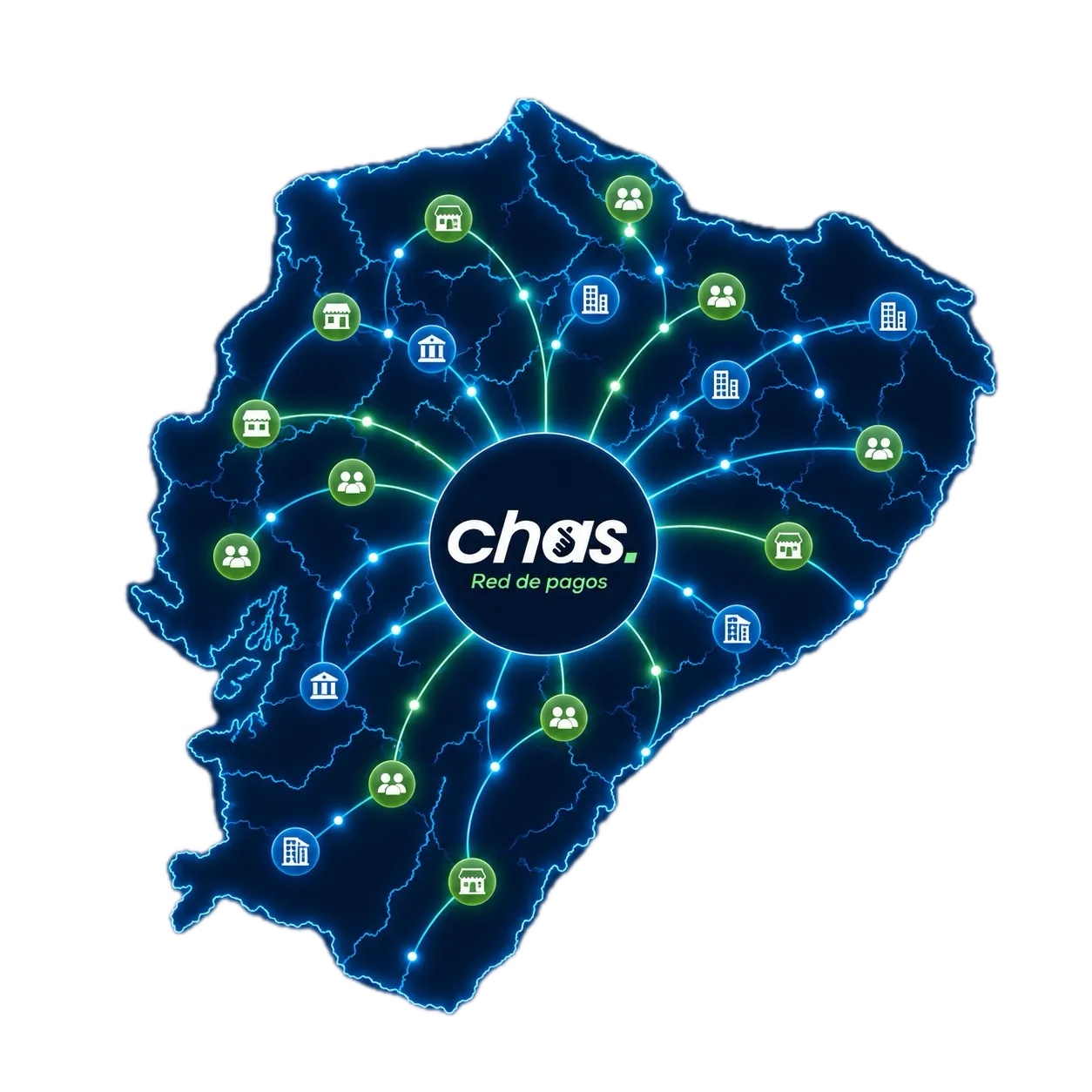 Panel de la app Chas mostrando recirculación de dinero, costo cero para el usuario e interoperabilidad